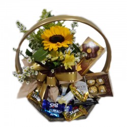 cesta girassol e chocolate