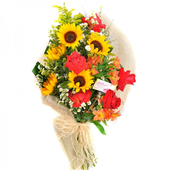 Buquê Tradicional Rosas e Girassóis com 5 Girassóis e 4 Rosas